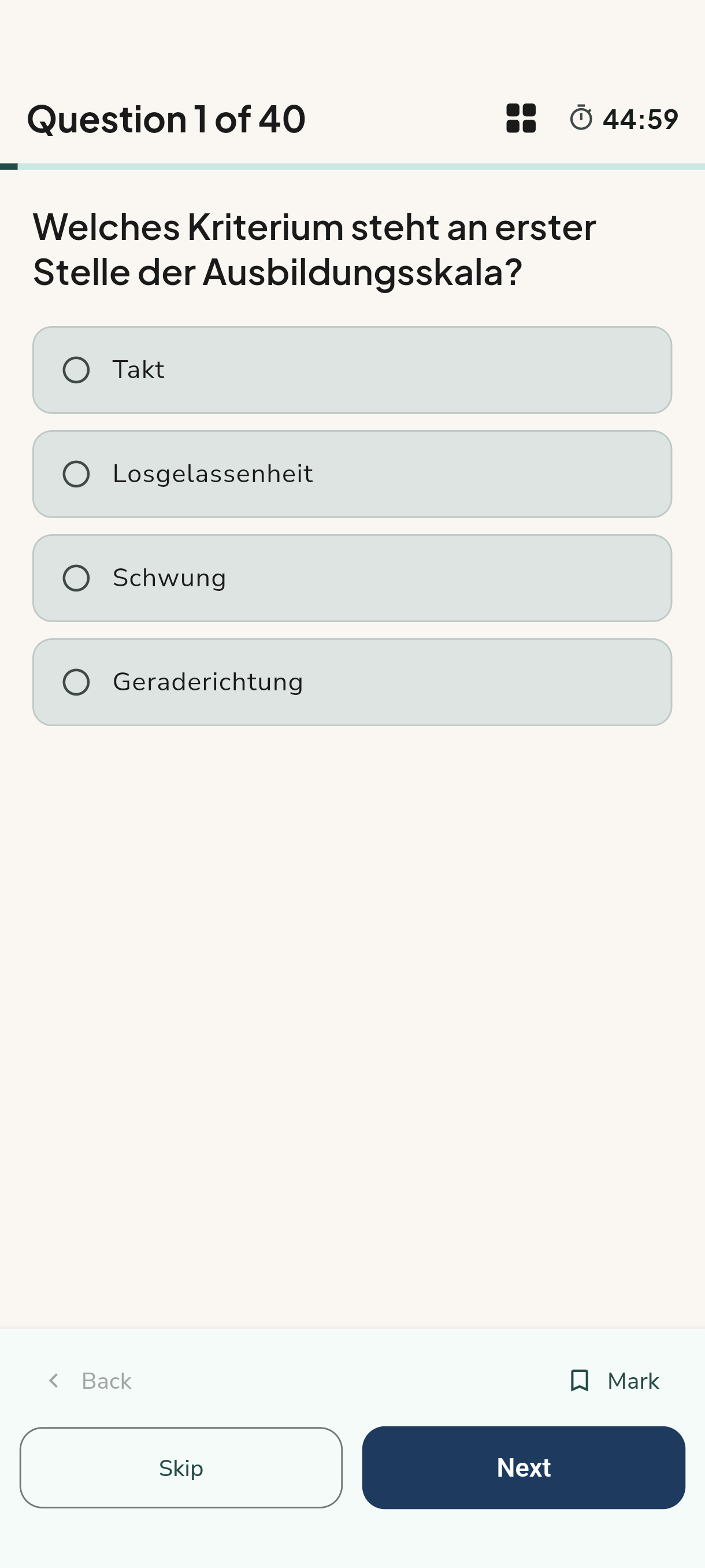 Hufschlag app: practice simulation with a question, four answers and a running timer