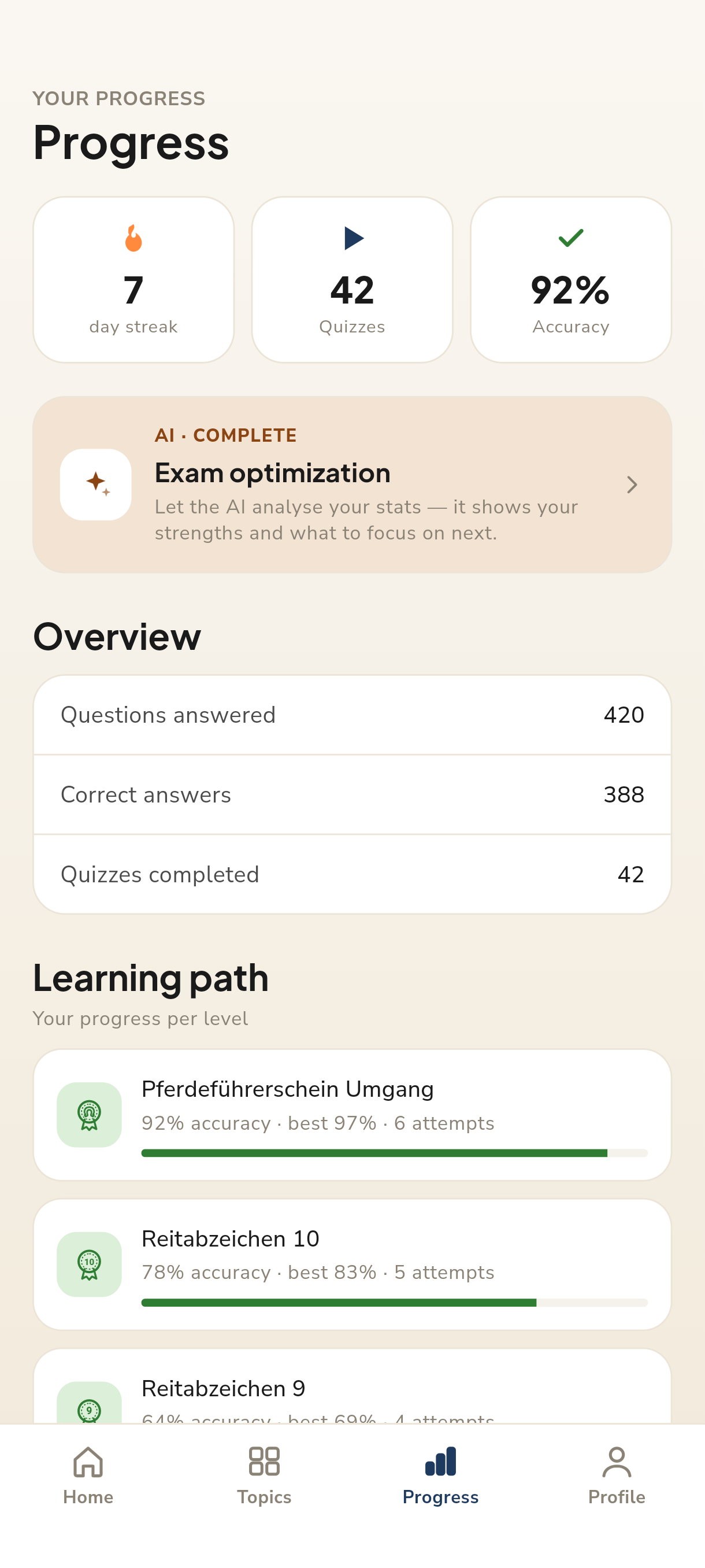 Hufschlag app: progress screen with streak, completed quizzes and accuracy