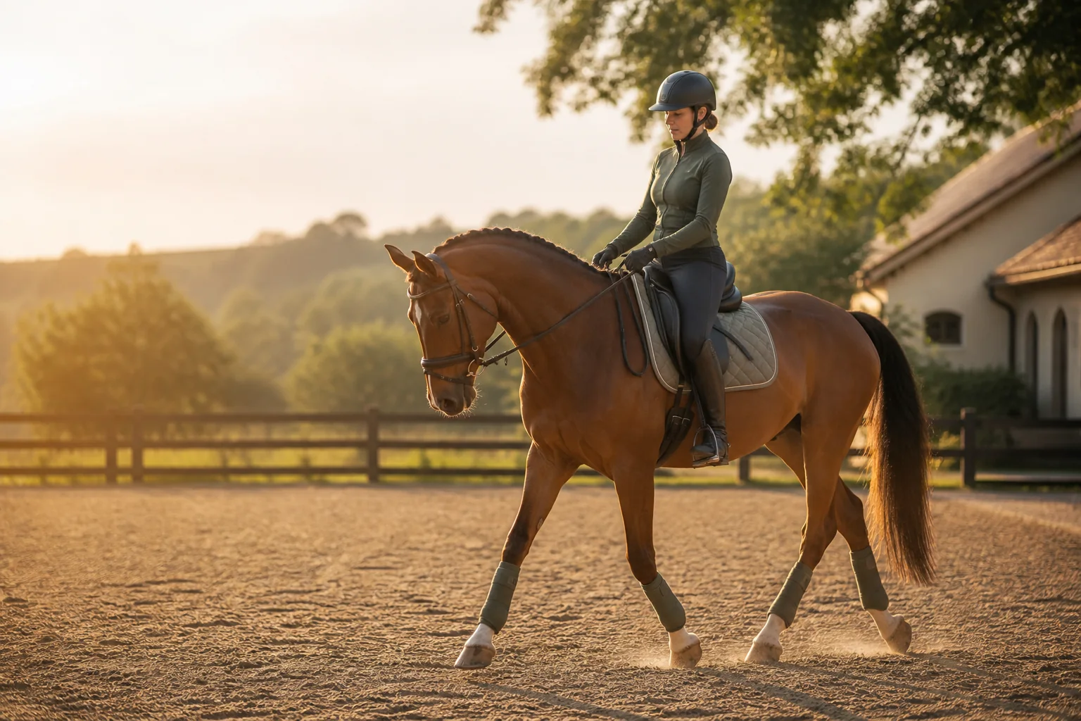 Reiterin mit Pferd bei ruhiger Dressurarbeit auf einem Reitplatz