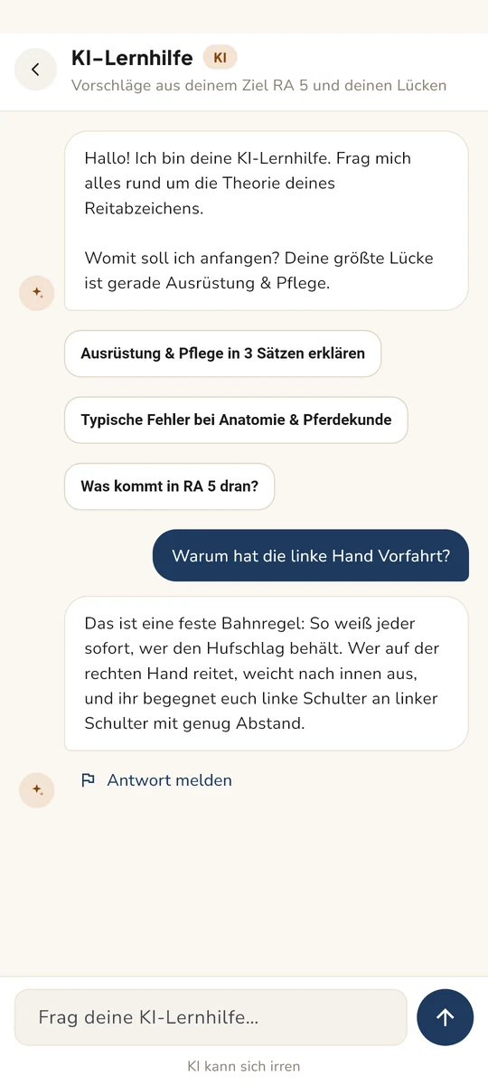 KI-Lernhilfe in Hufschlag erklärt eine Frage zur Theorie in einfachen Worten