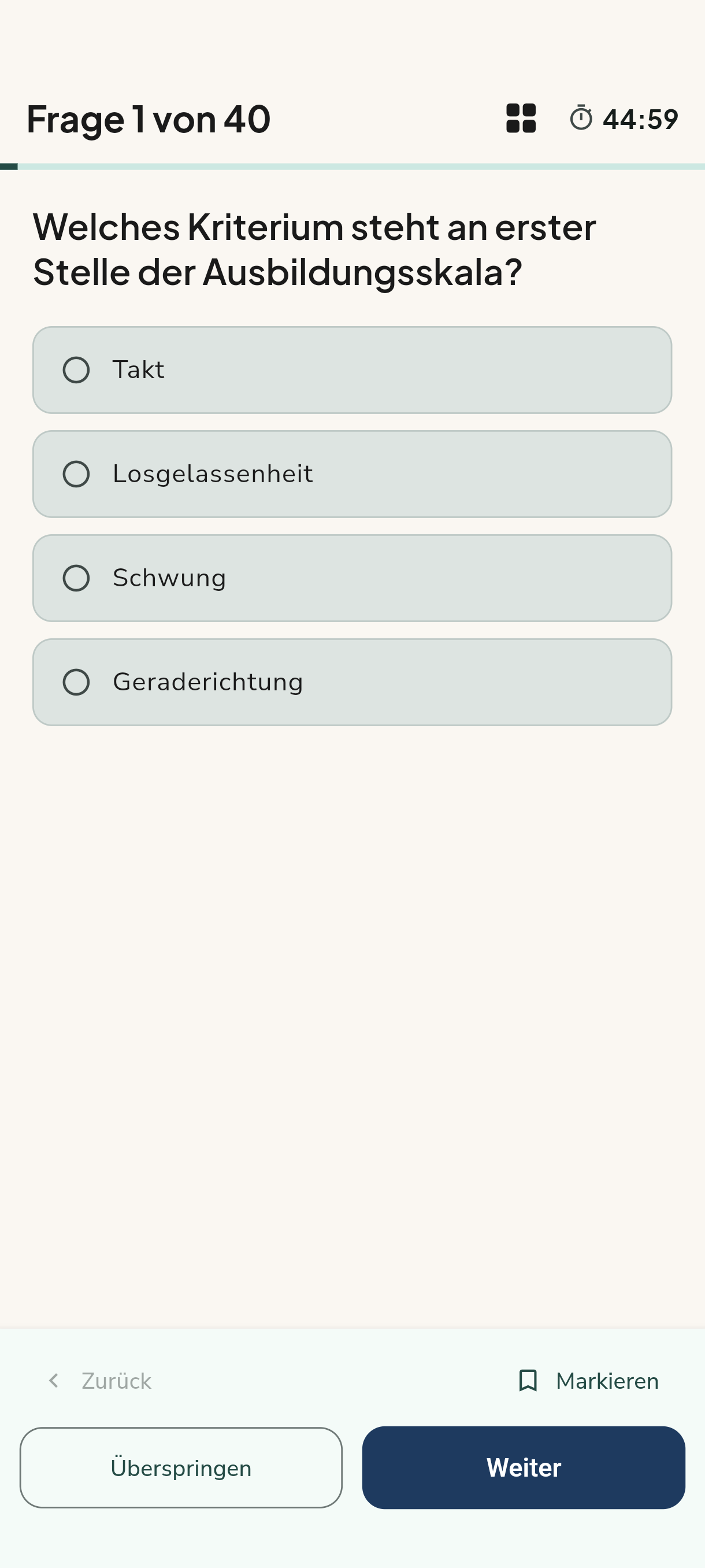 Hufschlag App: Übungssimulation mit Frage, vier Antworten und laufender Zeit