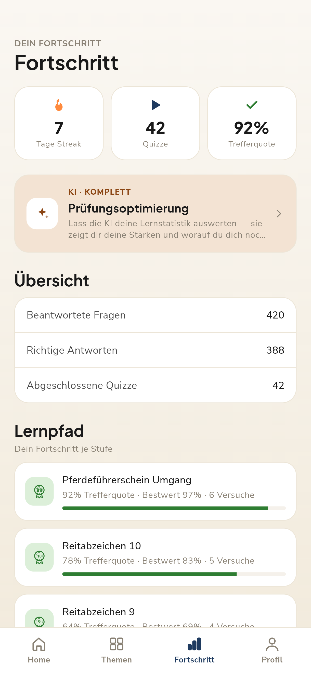 Hufschlag App: Fortschritt mit Streak, Quizzen und Trefferquote