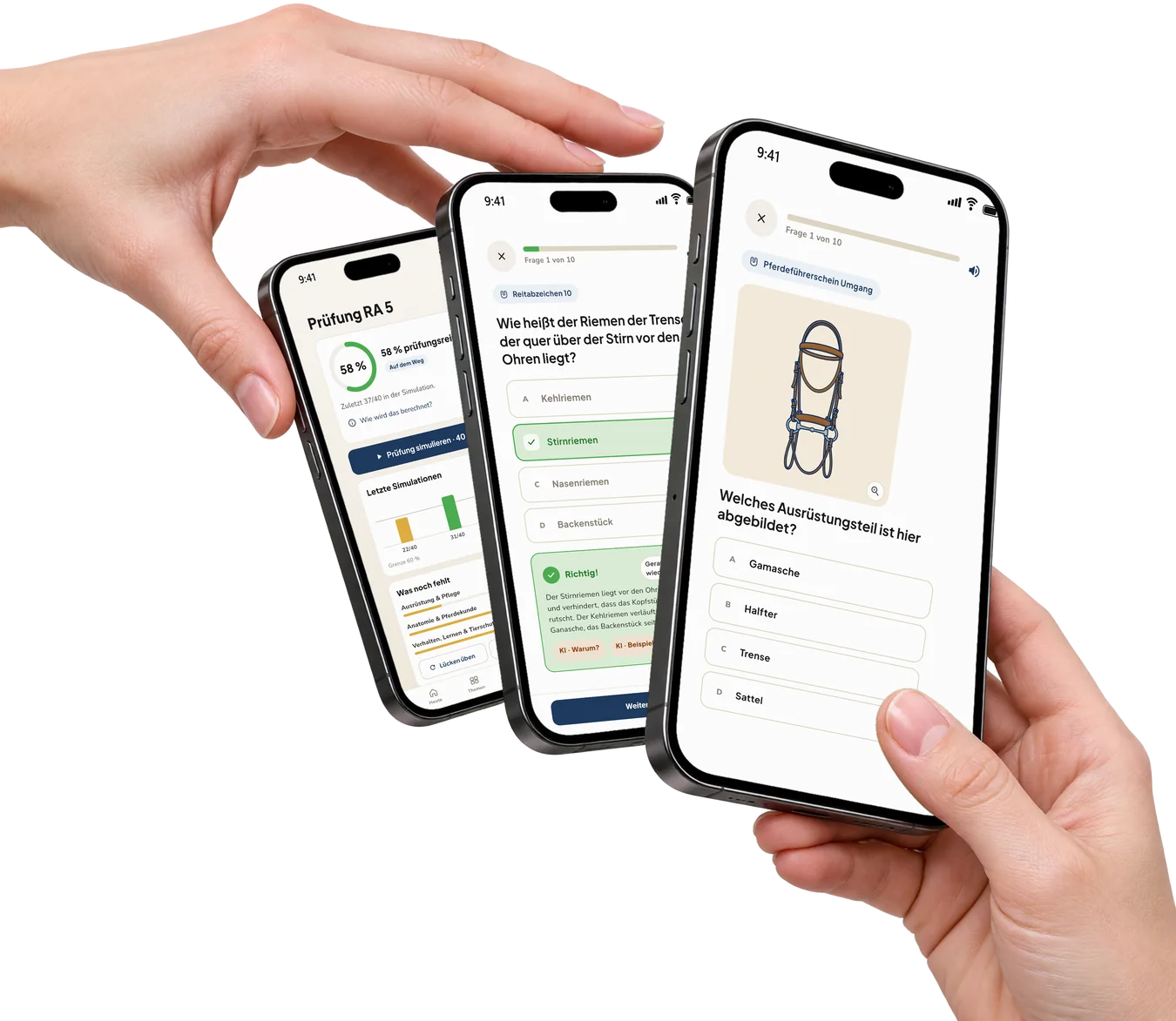 Zwei Hände präsentieren drei Smartphones mit Hufschlag: Prüfungsreife, Erklärung nach einer Antwort und eine Bildfrage.